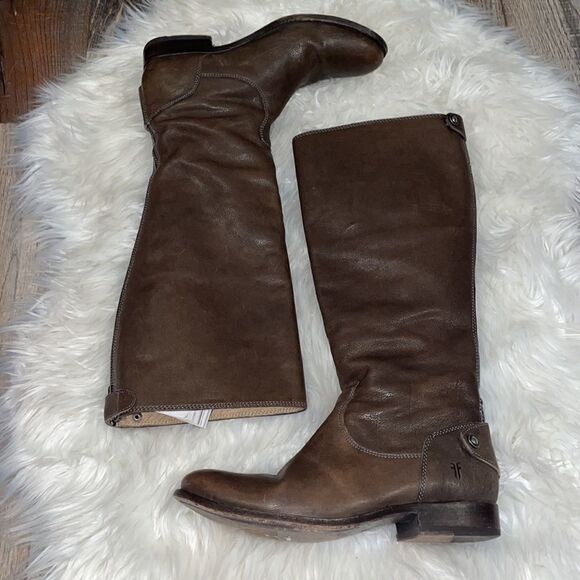 Frye Melissa Brown Low Heel Back Zip Knee High Boots - Picture 4 of 13